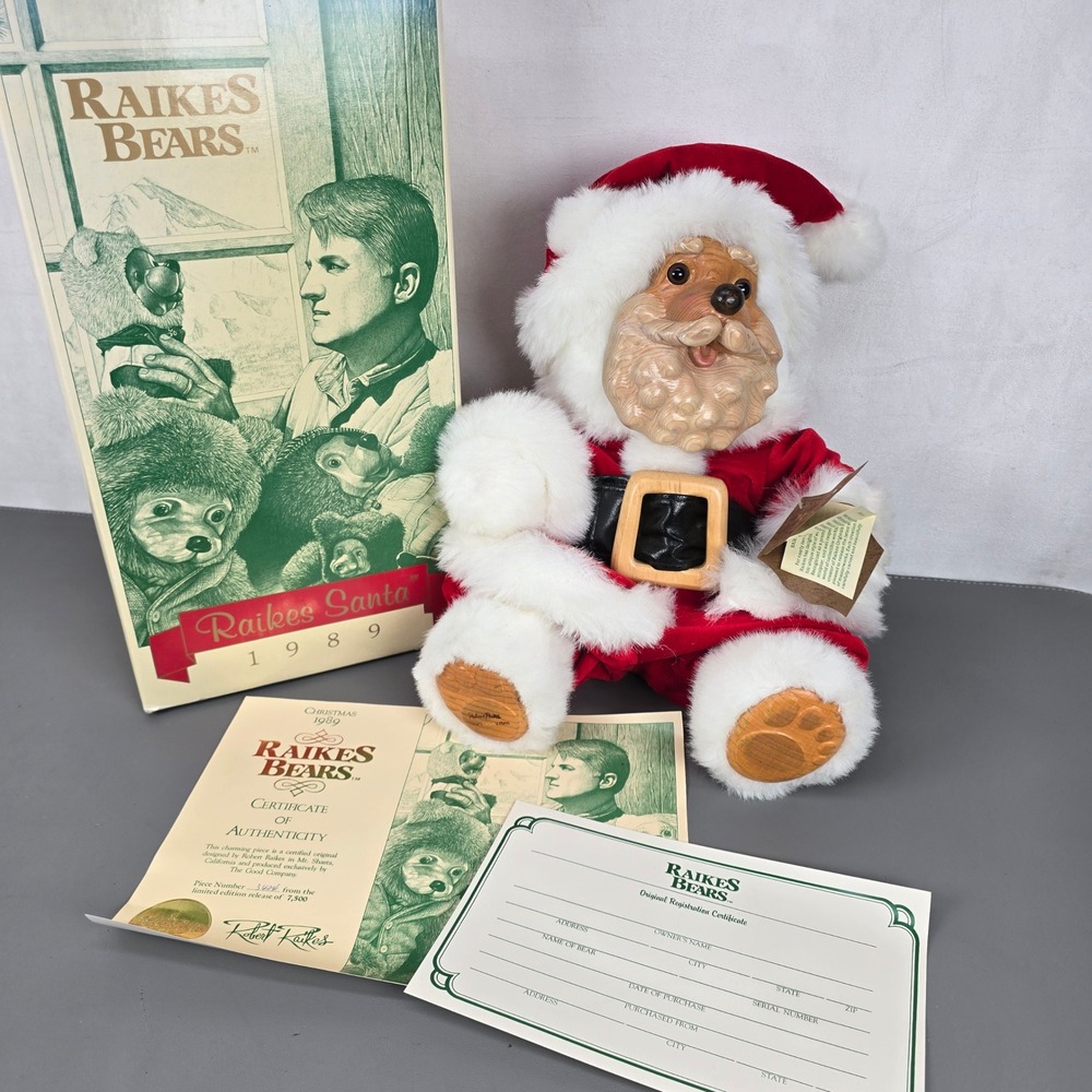 Raikes Bears Santa 1989 Robert Raikes Wooden Face Limited Edition W/ COA & Box